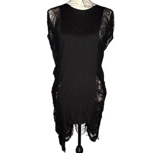 LEKUIN shredded distressed jersey cheesecloth tunic mini dress black grunge goth